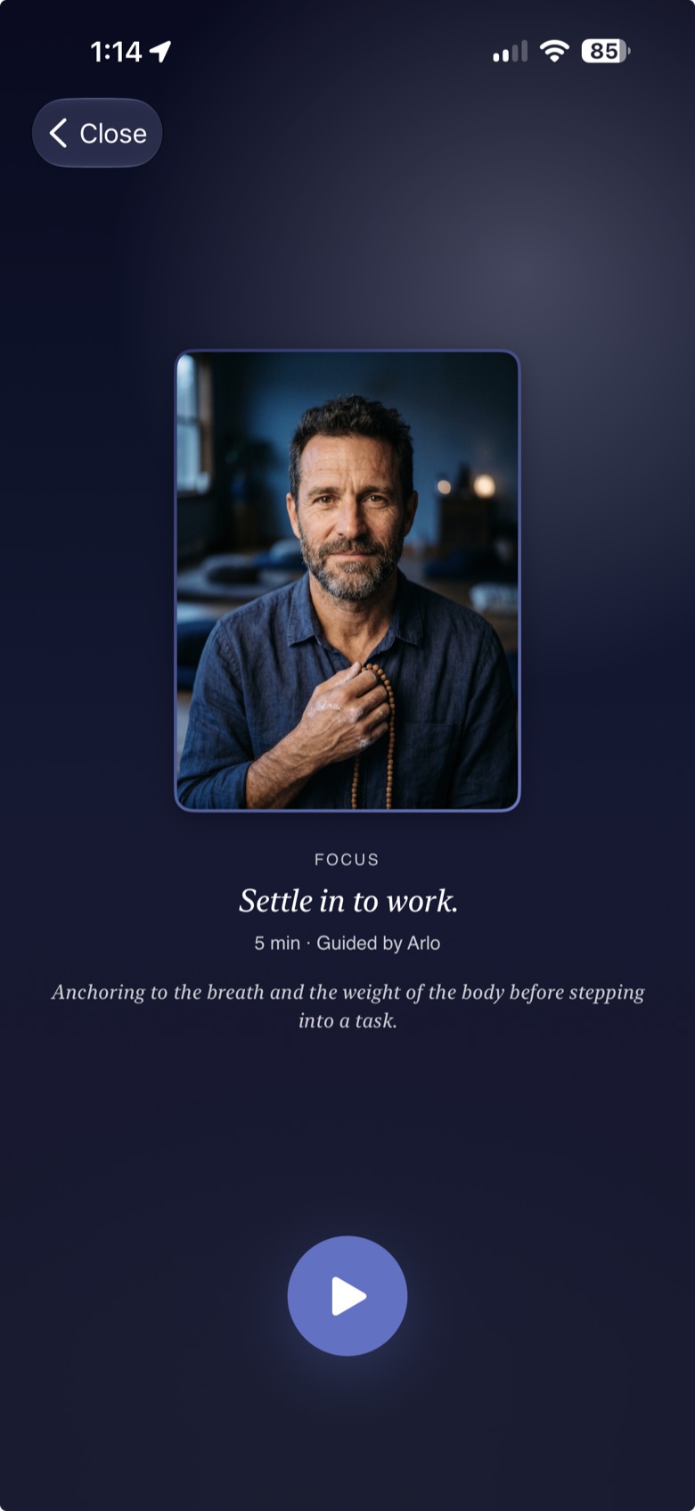 A Focus session ready to play — 'Settle in to work,' guided by Arlo